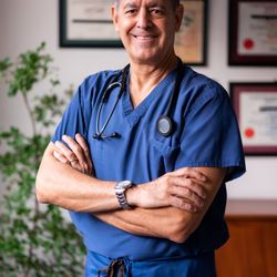 Professional expert portrait in a circular frame